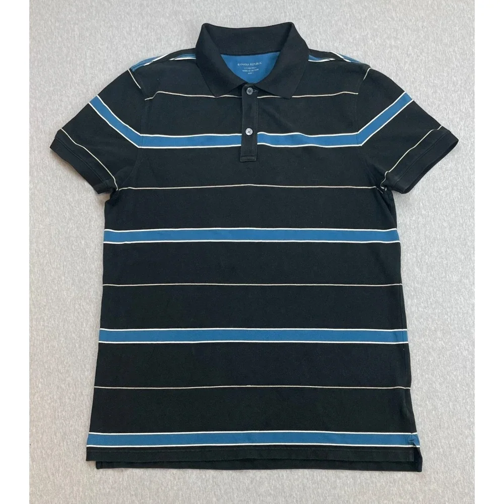 Banana Republic Polo Shirt Mens Large Striped Cotton Blend Stretch Short Sleeve